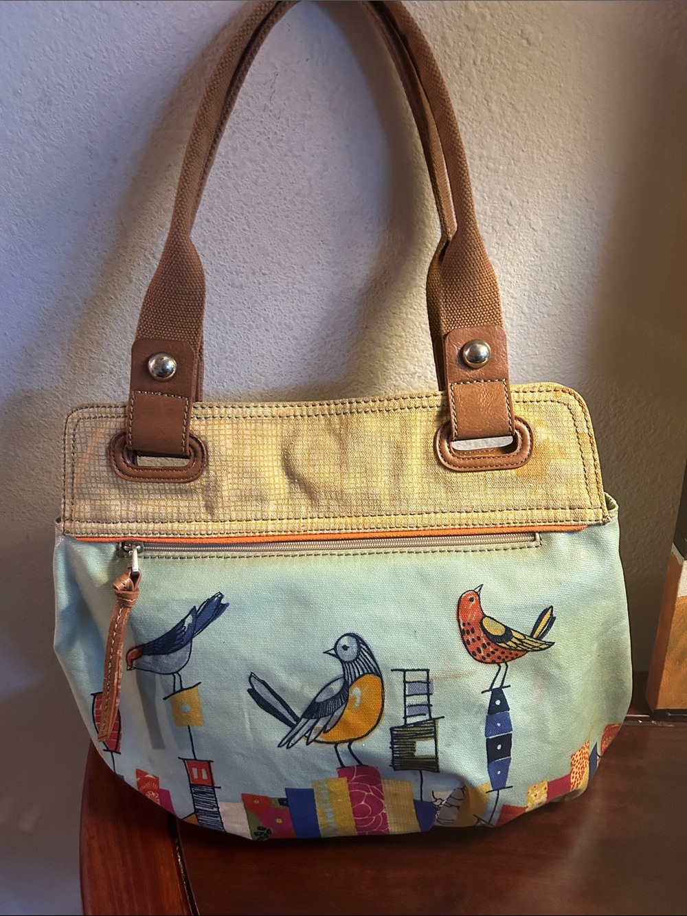 Fossil Bird Print Canvas Tote Bag in Light Blue with Brown Handles - Picture 2 of 7